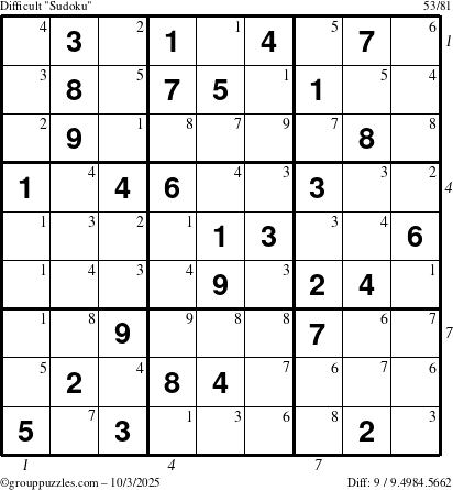 The grouppuzzles.com Difficult Sudoku puzzle for Friday October 3, 2025 with all 9 steps marked