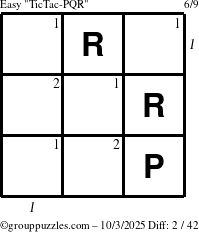 The grouppuzzles.com Easy TicTac-PQR puzzle for Friday October 3, 2025 with all 2 steps marked