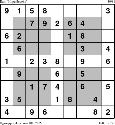 The grouppuzzles.com Easy HyperSudoku puzzle for Friday October 3, 2025