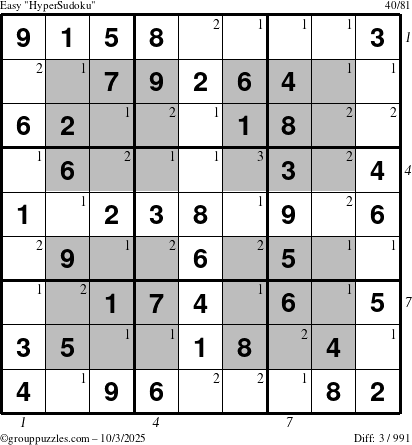 The grouppuzzles.com Easy HyperSudoku puzzle for Friday October 3, 2025 with all 3 steps marked