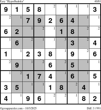 The grouppuzzles.com Easy HyperSudoku puzzle for Friday October 3, 2025 with the first 3 steps marked