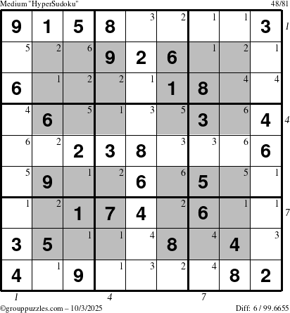The grouppuzzles.com Medium HyperSudoku puzzle for Friday October 3, 2025 with all 6 steps marked