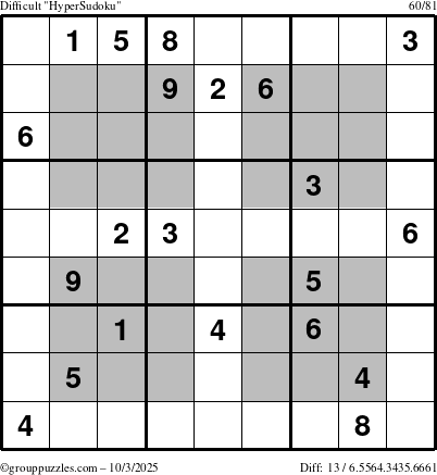 The grouppuzzles.com Difficult HyperSudoku puzzle for Friday October 3, 2025