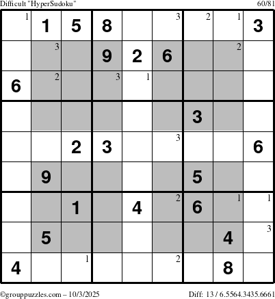 The grouppuzzles.com Difficult HyperSudoku puzzle for Friday October 3, 2025 with the first 3 steps marked