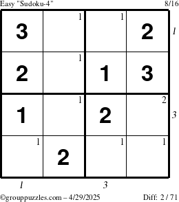 The grouppuzzles.com Easy Sudoku-4 puzzle for Tuesday April 29, 2025 with all 2 steps marked