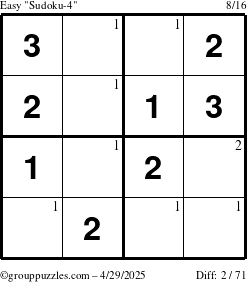 The grouppuzzles.com Easy Sudoku-4 puzzle for Tuesday April 29, 2025 with the first 2 steps marked