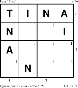 The grouppuzzles.com Easy Tina puzzle for Tuesday April 29, 2025 with all 2 steps marked