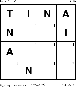 The grouppuzzles.com Easy Tina puzzle for Tuesday April 29, 2025 with the first 2 steps marked