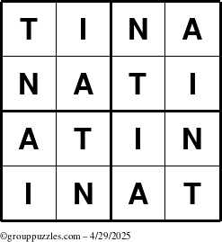 The grouppuzzles.com Answer grid for the Tina puzzle for Tuesday April 29, 2025