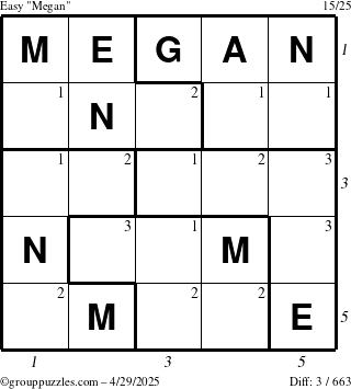 The grouppuzzles.com Easy Megan puzzle for Tuesday April 29, 2025 with all 3 steps marked