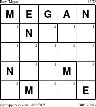 The grouppuzzles.com Easy Megan puzzle for Tuesday April 29, 2025 with the first 3 steps marked