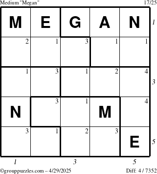 The grouppuzzles.com Medium Megan puzzle for Tuesday April 29, 2025, suitable for printing, with all 4 steps marked