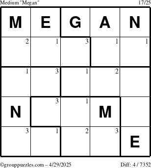 The grouppuzzles.com Medium Megan puzzle for Tuesday April 29, 2025 with the first 3 steps marked