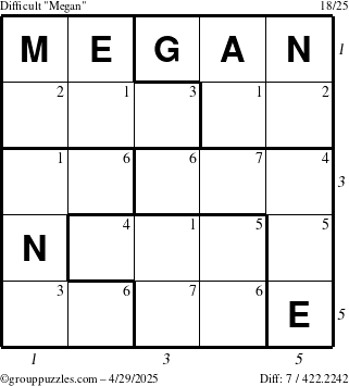 The grouppuzzles.com Difficult Megan puzzle for Tuesday April 29, 2025 with all 7 steps marked