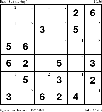 The grouppuzzles.com Easy Sudoku-6up puzzle for Tuesday April 29, 2025 with the first 3 steps marked