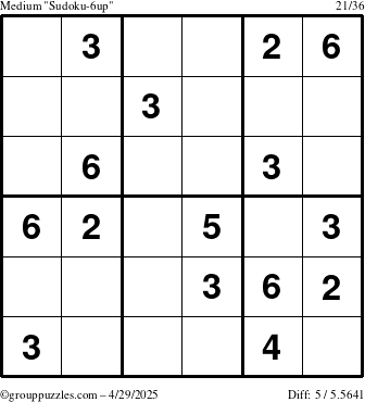 The grouppuzzles.com Medium Sudoku-6up puzzle for Tuesday April 29, 2025