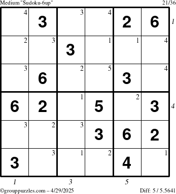 The grouppuzzles.com Medium Sudoku-6up puzzle for Tuesday April 29, 2025 with all 5 steps marked