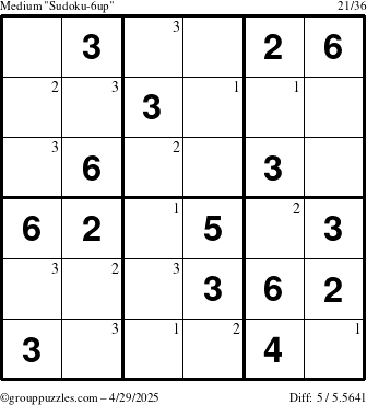 The grouppuzzles.com Medium Sudoku-6up puzzle for Tuesday April 29, 2025 with the first 3 steps marked