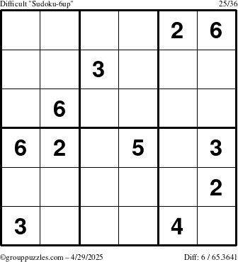 The grouppuzzles.com Difficult Sudoku-6up puzzle for Tuesday April 29, 2025