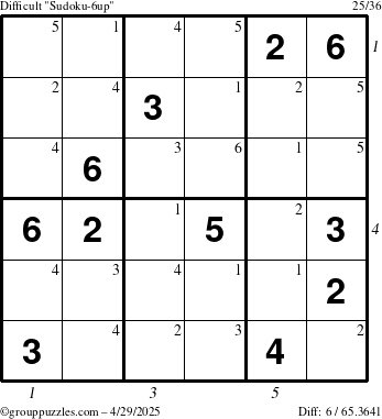 The grouppuzzles.com Difficult Sudoku-6up puzzle for Tuesday April 29, 2025 with all 6 steps marked