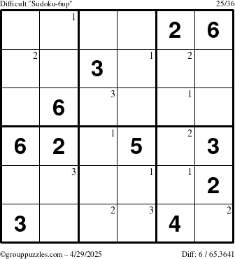 The grouppuzzles.com Difficult Sudoku-6up puzzle for Tuesday April 29, 2025 with the first 3 steps marked