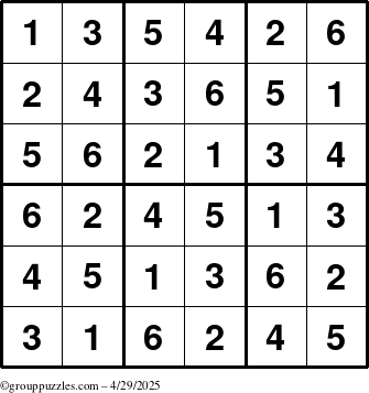 The grouppuzzles.com Answer grid for the Sudoku-6up puzzle for Tuesday April 29, 2025