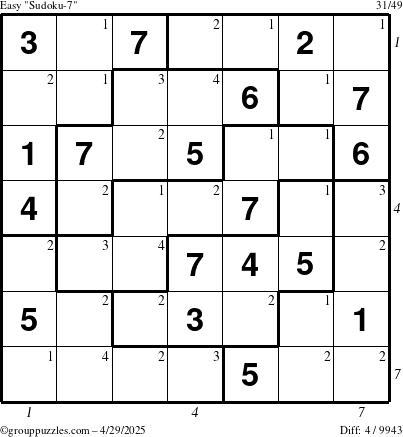 The grouppuzzles.com Easy Sudoku-7 puzzle for Tuesday April 29, 2025 with all 4 steps marked