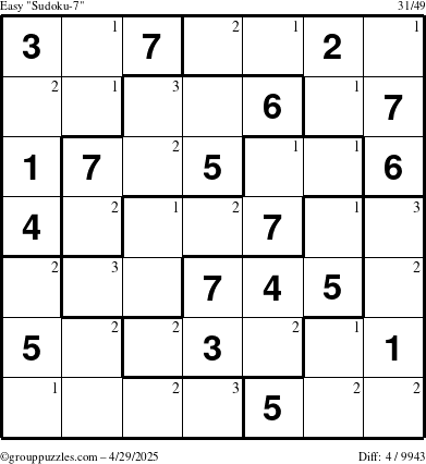 The grouppuzzles.com Easy Sudoku-7 puzzle for Tuesday April 29, 2025 with the first 3 steps marked