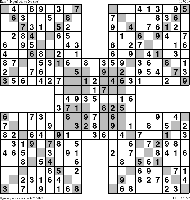 The grouppuzzles.com Easy HyperSudoku-Xtreme puzzle for Tuesday April 29, 2025
