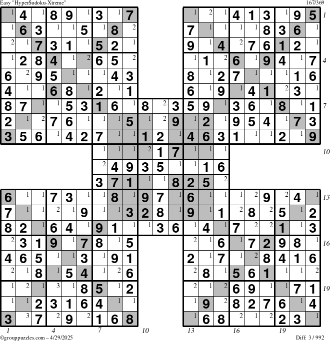 The grouppuzzles.com Easy HyperSudoku-Xtreme puzzle for Tuesday April 29, 2025 with all 3 steps marked