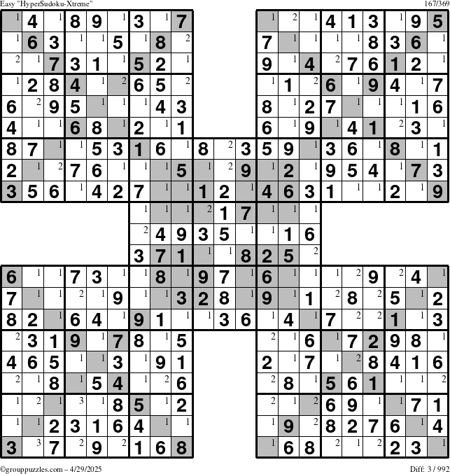 The grouppuzzles.com Easy HyperSudoku-Xtreme puzzle for Tuesday April 29, 2025 with the first 3 steps marked