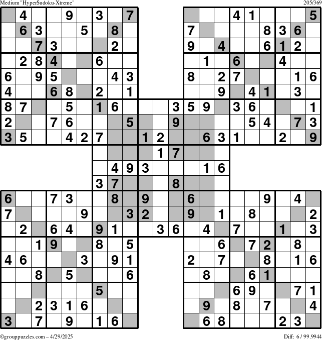 The grouppuzzles.com Medium HyperSudoku-Xtreme puzzle for Tuesday April 29, 2025