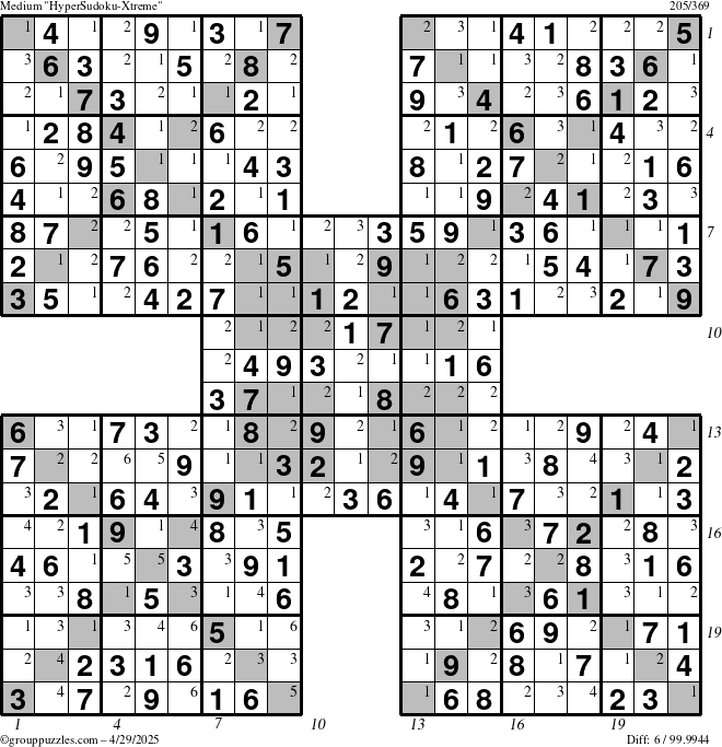 The grouppuzzles.com Medium HyperSudoku-Xtreme puzzle for Tuesday April 29, 2025 with all 6 steps marked