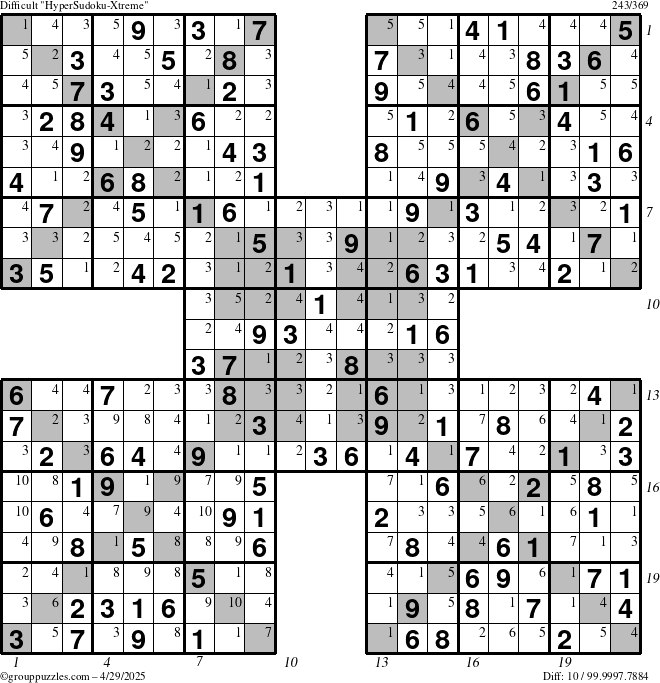 The grouppuzzles.com Difficult HyperSudoku-Xtreme puzzle for Tuesday April 29, 2025 with all 10 steps marked
