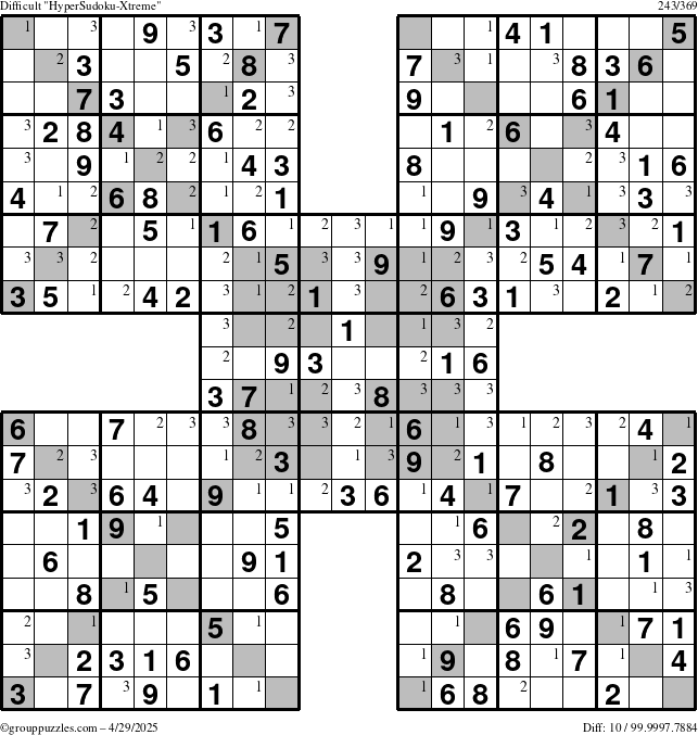 The grouppuzzles.com Difficult HyperSudoku-Xtreme puzzle for Tuesday April 29, 2025 with the first 3 steps marked