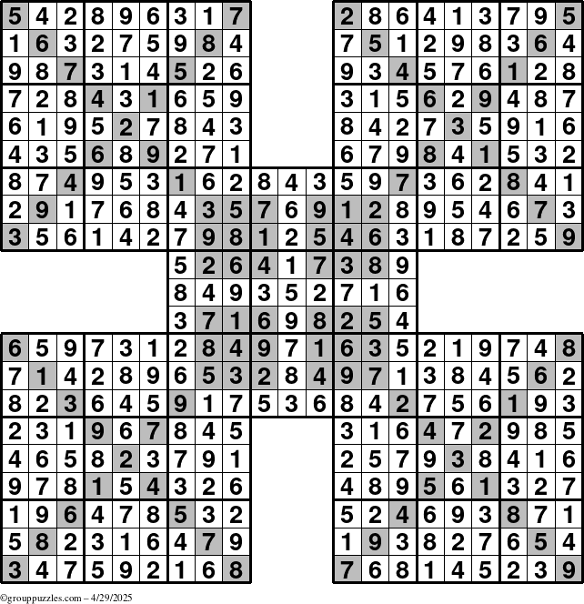 The grouppuzzles.com Answer grid for the HyperSudoku-Xtreme puzzle for Tuesday April 29, 2025