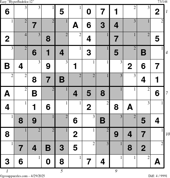The grouppuzzles.com Easy HyperSudoku-12 puzzle for Tuesday April 29, 2025 with all 4 steps marked