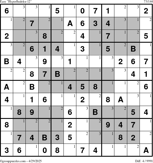 The grouppuzzles.com Easy HyperSudoku-12 puzzle for Tuesday April 29, 2025 with the first 3 steps marked