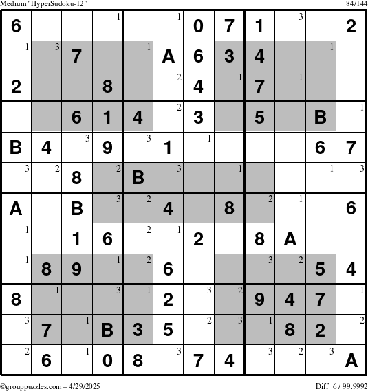 The grouppuzzles.com Medium HyperSudoku-12 puzzle for Tuesday April 29, 2025 with the first 3 steps marked