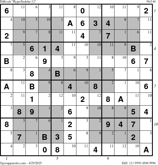 The grouppuzzles.com Difficult HyperSudoku-12 puzzle for Tuesday April 29, 2025 with all 12 steps marked