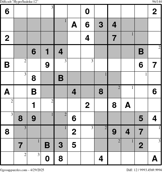 The grouppuzzles.com Difficult HyperSudoku-12 puzzle for Tuesday April 29, 2025 with the first 3 steps marked