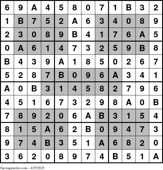 The grouppuzzles.com Answer grid for the HyperSudoku-12 puzzle for Tuesday April 29, 2025