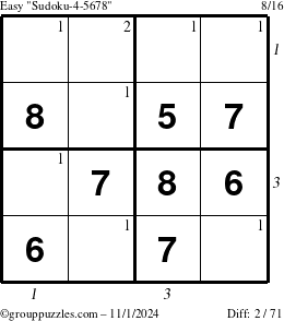 The grouppuzzles.com Easy Sudoku-4-5678 puzzle for Friday November 1, 2024, suitable for printing, with all 2 steps marked