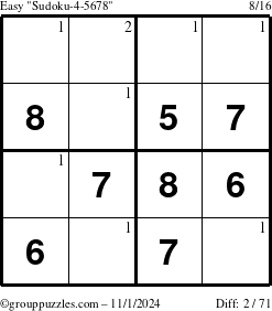 The grouppuzzles.com Easy Sudoku-4-5678 puzzle for Friday November 1, 2024 with the first 2 steps marked