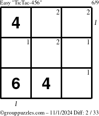 The grouppuzzles.com Easy TicTac-456 puzzle for Friday November 1, 2024 with all 2 steps marked