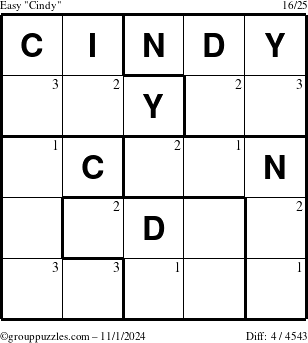 The grouppuzzles.com Easy Cindy puzzle for Friday November 1, 2024 with the first 3 steps marked