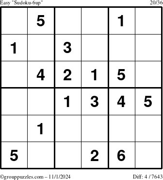 The grouppuzzles.com Easy Sudoku-6up puzzle for Friday November 1, 2024