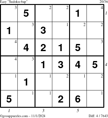 The grouppuzzles.com Easy Sudoku-6up puzzle for Friday November 1, 2024 with all 4 steps marked