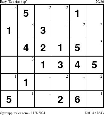 The grouppuzzles.com Easy Sudoku-6up puzzle for Friday November 1, 2024 with the first 3 steps marked