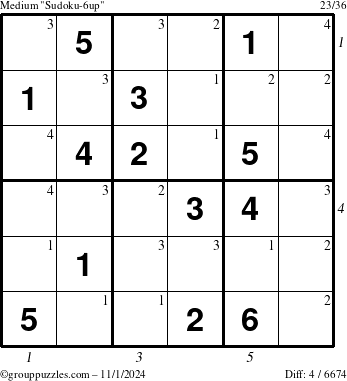 The grouppuzzles.com Medium Sudoku-6up puzzle for Friday November 1, 2024 with all 4 steps marked